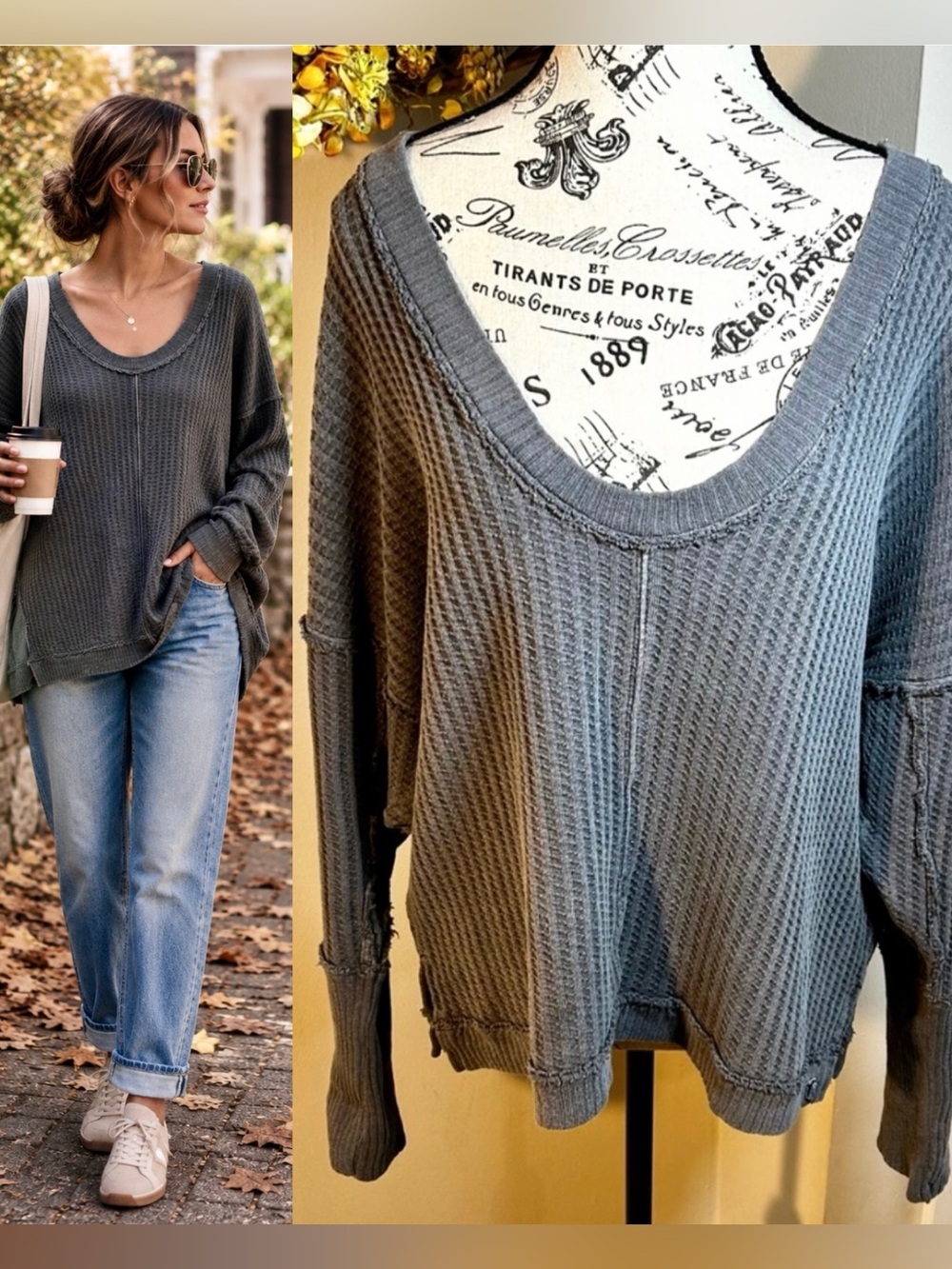 💥WE THE FREE New Magic Oversized V-Neck Thermal Top Charcoal Black Sz L💛
